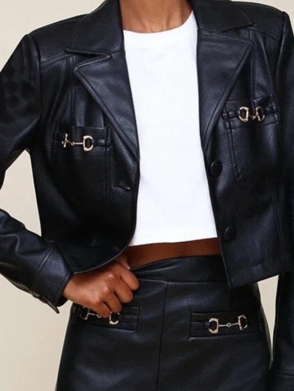 NWT Avec Les Filles Black Leather Jacket with gold horsebit